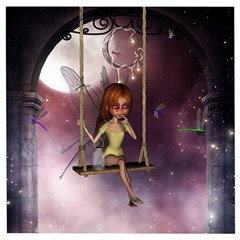 Little Fairy On A Swing With Dragonfly In The Night Wooden Puzzle Square by FantasyWorld7