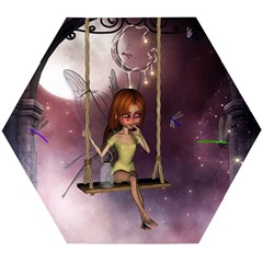 Little Fairy On A Swing With Dragonfly In The Night Wooden Puzzle Hexagon by FantasyWorld7