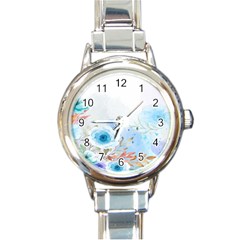 Blue Floral Print Round Italian Charm Watch by designsbymallika