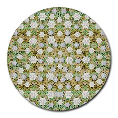 Snowflakes Slightly Snowing Down On The Flowers On Earth Round Mousepads