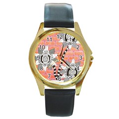 Brick Wall Flower Pot Round Gold Metal Watch by okhismakingart