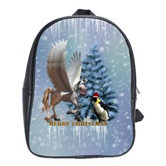 Merry Christmas, Funny Pegasus With Penguin School Bag (large) by FantasyWorld7
