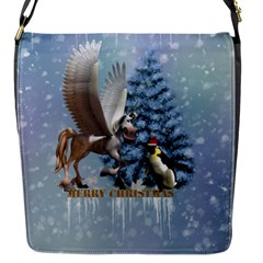 Merry Christmas, Funny Pegasus With Penguin Flap Closure Messenger Bag (s) by FantasyWorld7