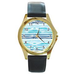 Blue Waves Pattern Round Gold Metal Watch by designsbymallika