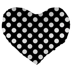Black With White Polka Dots Large 19  Premium Heart Shape Cushions by mccallacoulture
