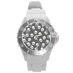 White Skull Pattern Round Plastic Sport Watch (l) by designsbymallika