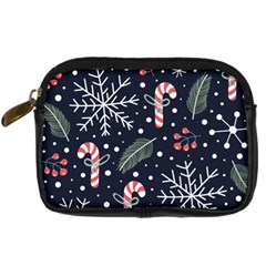 Holiday Seamless Pattern With Christmas Candies Snoflakes Fir Branches Berries Digital Camera Leather Case