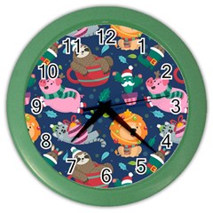 Funny Animal Christmas Pattern Color Wall Clock by Vaneshart