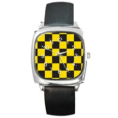 Checkerboard Pattern Black And Yellow Ancap Libertarian Square Metal Watch by snek