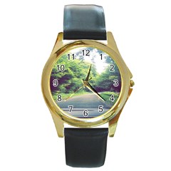 Photo Vue Sur Forêt  Round Gold Metal Watch by kcreatif