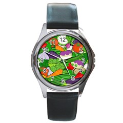 Vegetables Bell Pepper Broccoli Round Metal Watch by HermanTelo