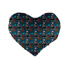 Retro Girls Dress In Black Pattern Blue Teal Standard 16  Premium Flano Heart Shape Cushions by snowwhitegirl