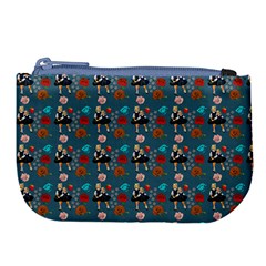Retro Girls Dress In Black Pattern Blue Teal Large Coin Purse