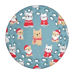 Cute French Bulldog Puppy Dog Christmas Costume Seamless Pattern Ornament (round Filigree) by Vaneshart