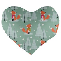 Cute Fox Christmas Winter Seamless Pattern Large 19  Premium Flano Heart Shape Cushions