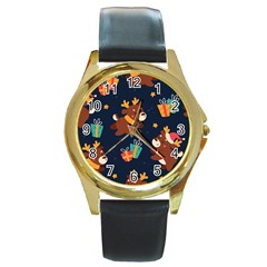 Colorful Funny Christmas Pattern Round Gold Metal Watch