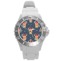 Cute Deer Heads Seamless Pattern Christmas Round Plastic Sport Watch (l)