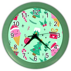 Funny Christmas Pattern Background Color Wall Clock by Vaneshart
