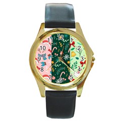 Hand Drawn Christmas Pattern Collection Round Gold Metal Watch by Vaneshart