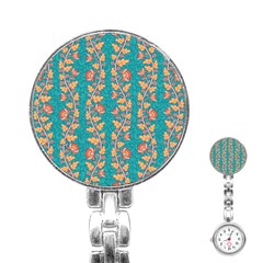 Teal Floral Paisley Stripes Stainless Steel Nurses Watch