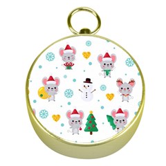 Christmas Seamless Pattern With Cute Kawaii Mouse Gold Compasses