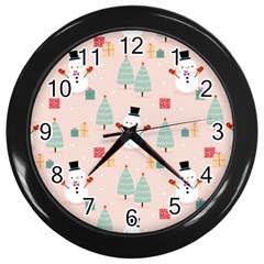 Cute Snowman Christmas Season Seamless Pattern Wall Clock (black) by Vaneshart