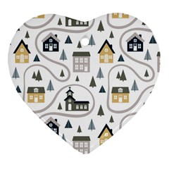 Abstract Seamless Pattern With Cute Houses Trees Road Ornament (heart)