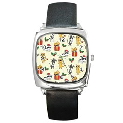 Christmas Funny Pattern Cat Square Metal Watch by Vaneshart