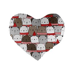 Cute Adorable Bear Merry Christmas Happy New Year Cartoon Doodle Seamless Pattern Standard 16  Premium Heart Shape Cushions