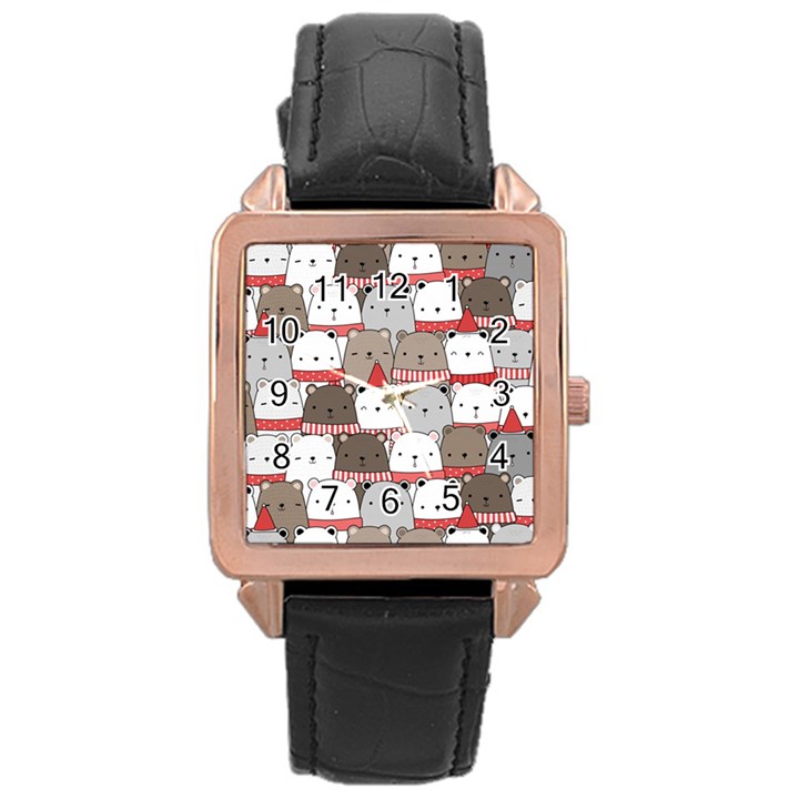 Cute Adorable Bear Merry Christmas Happy New Year Cartoon Doodle Seamless Pattern Rose Gold Leather Watch 