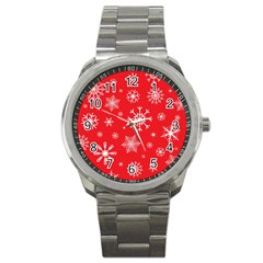 Christmas Seamless With Snowflakes Snowflake Pattern Red Background Winter Sport Metal Watch by Vaneshart