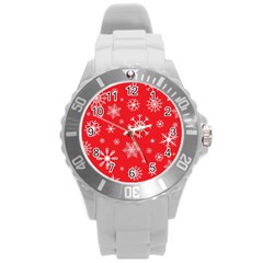 Christmas Seamless With Snowflakes Snowflake Pattern Red Background Winter Round Plastic Sport Watch (l) by Vaneshart