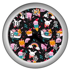 Colorful Funny Christmas Pattern Merry Xmas Wall Clock (silver) by Vaneshart