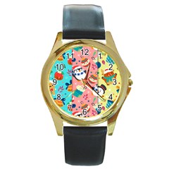 Hand Drawn Christmas Pattern Collection Round Gold Metal Watch by Vaneshart