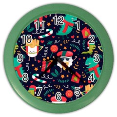 Colorful Funny Christmas Pattern Cute Cartoon Color Wall Clock by Vaneshart