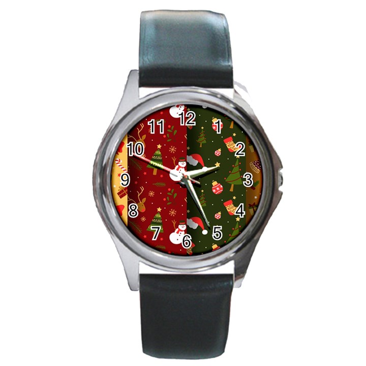 Hand Drawn Christmas Pattern Collection Round Metal Watch