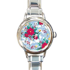 Seamless Winter Pattern With Poinsettia Red Berries Christmas Tree Branches Golden Balls Round Italian Charm Watch by Vaneshart