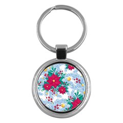 Seamless Winter Pattern With Poinsettia Red Berries Christmas Tree Branches Golden Balls Key Chain (round)