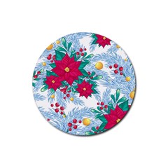 Seamless Winter Pattern With Poinsettia Red Berries Christmas Tree Branches Golden Balls Rubber Coaster (round)  by Vaneshart