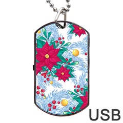 Seamless Winter Pattern With Poinsettia Red Berries Christmas Tree Branches Golden Balls Dog Tag Usb Flash (one Side)