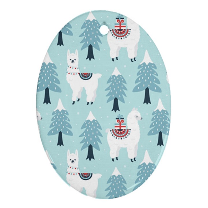 Christmas Tree Cute Lama With Gift Boxes Seamless Pattern Oval Ornament (Two Sides)