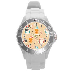 Funny Christmas Pattern Background Round Plastic Sport Watch (l)