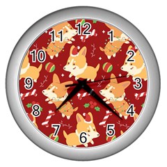 Colorful Funny Christmas Pattern Dog Puppy Wall Clock (silver) by Vaneshart