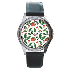 Christmas Seamless Pattern With Holly Red Gift Box Round Metal Watch