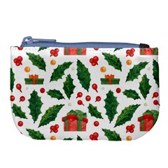 Christmas Seamless Pattern With Holly Red Gift Box Large Coin Purse by Vaneshart