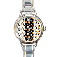 Black Golden Christmas Pattern Collection Round Italian Charm Watch by Vaneshart