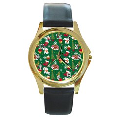 Colorful Funny Christmas Pattern Green Round Gold Metal Watch