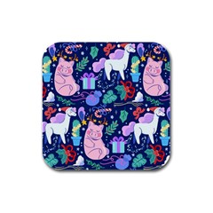 Colorful Funny Christmas Pattern Pig Animal Rubber Square Coaster (4 Pack) 