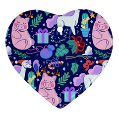 Colorful Funny Christmas Pattern Pig Animal Heart Ornament (two Sides) by Vaneshart