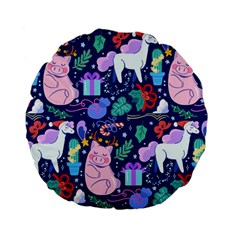 Colorful Funny Christmas Pattern Pig Animal Standard 15  Premium Flano Round Cushions by Vaneshart